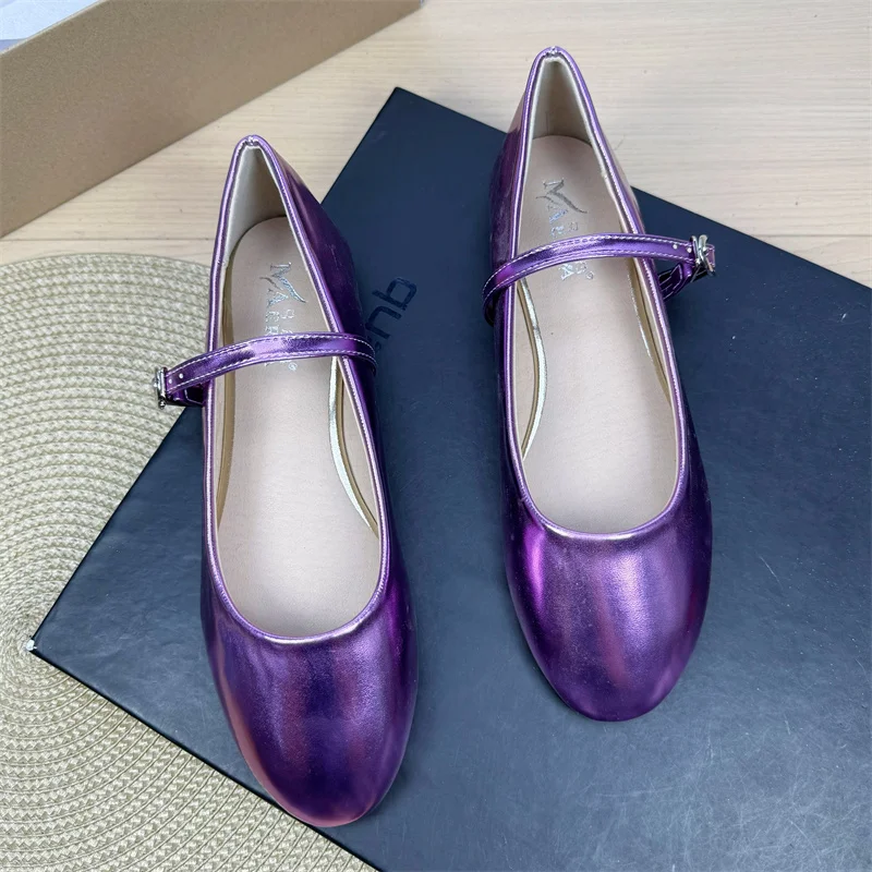 2025 Spring New Mary Jane Women Fashion Casual Leather Shoes Solid Buckle Strap Shallow Flats for Woman Comfortable Purple