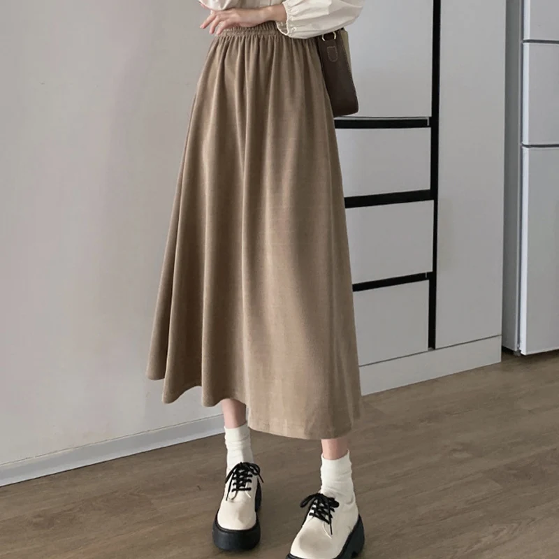 

2025 Autumn Korean Versatile Solid Color Skirts Women Vintage Temperament A Line Skirt Ladies Casual Elastic Waist Loose Skirts