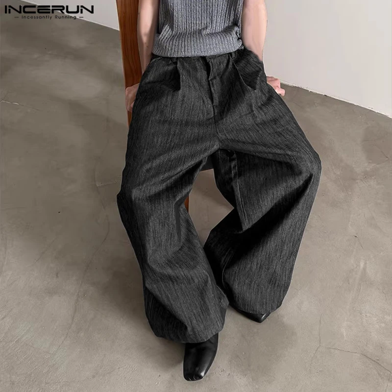 INCERUN 男性ワイドレッグパンツ無地ボタンジョガールーズカジュアルストレートズボン男性ストリート韓国スタイル男性長ズボン