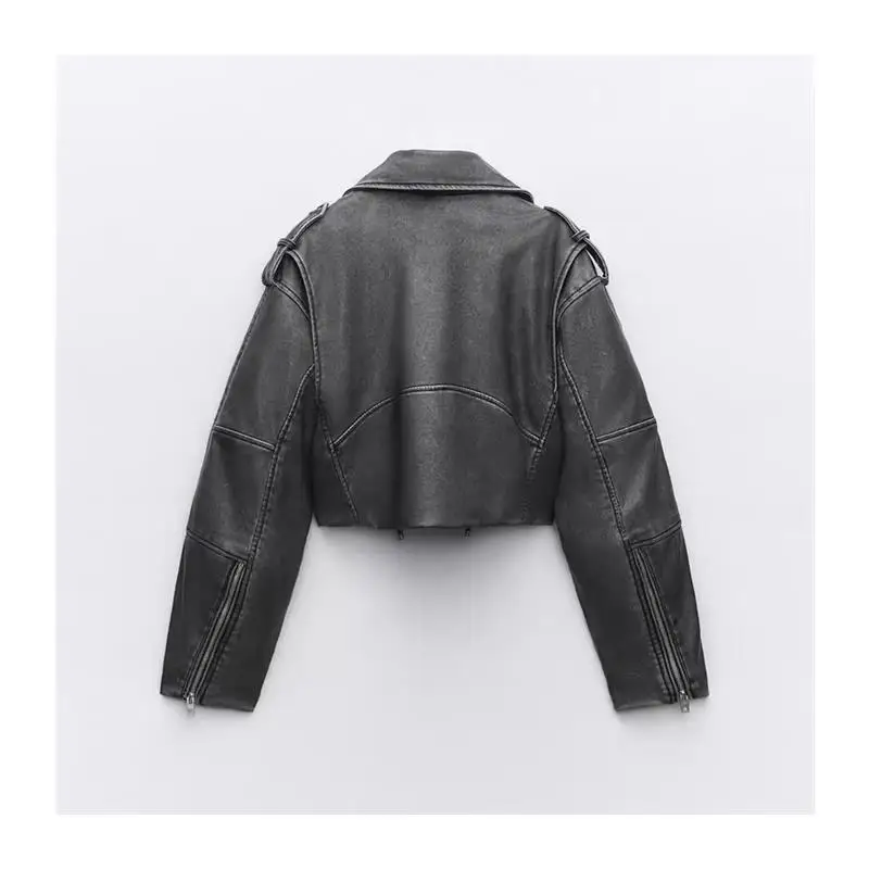 ヴィンテージレザーバイカージャケットショートスタイルフェイクレザーオートバイコートハイウエストデザインポリエステル繊維長袖ジッパー開閉