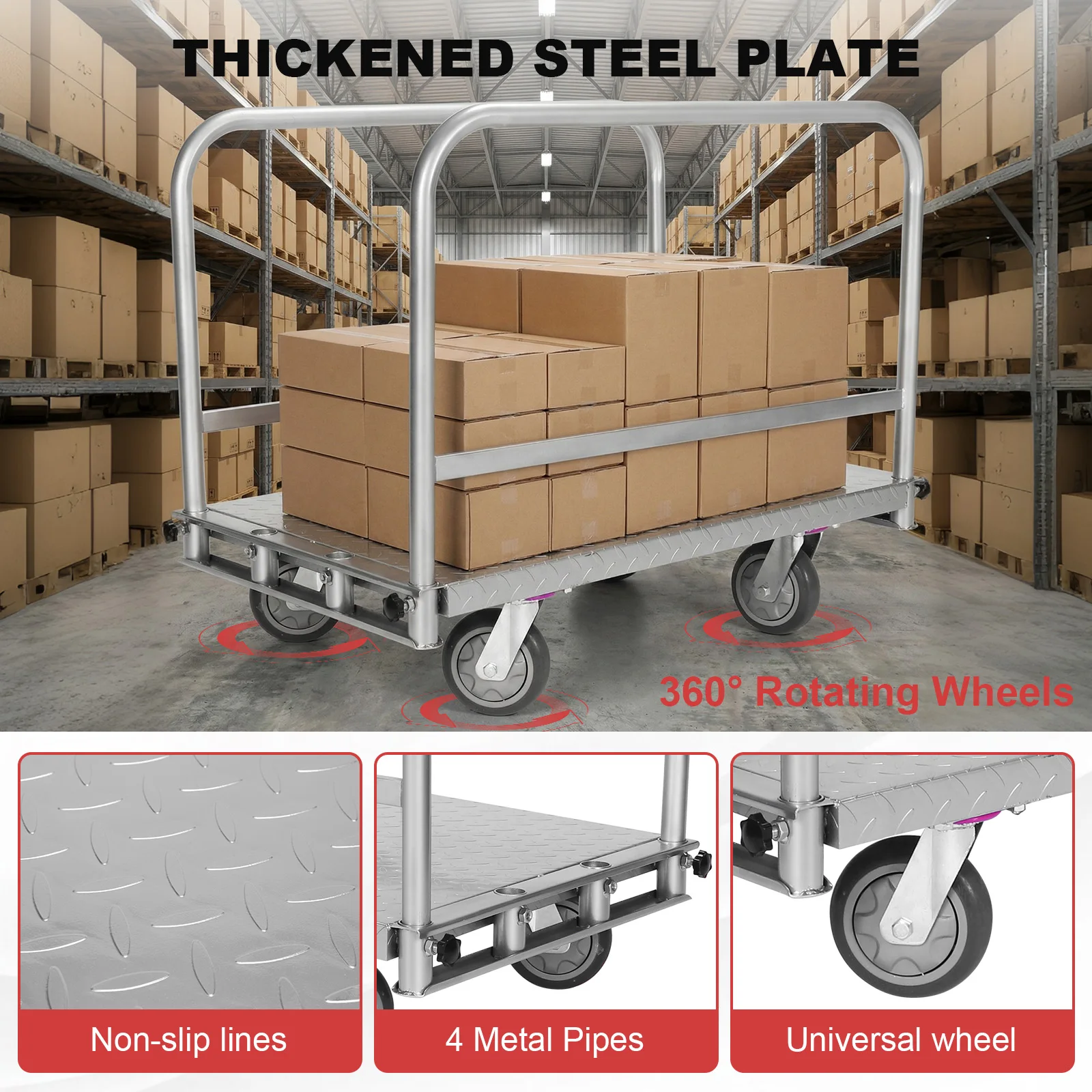 

Тележка для перевозки гипсокартона и панелей из стали, грузоподъемность 2500 фунтов, 3 боковых поручня, 4 поворотных колеса