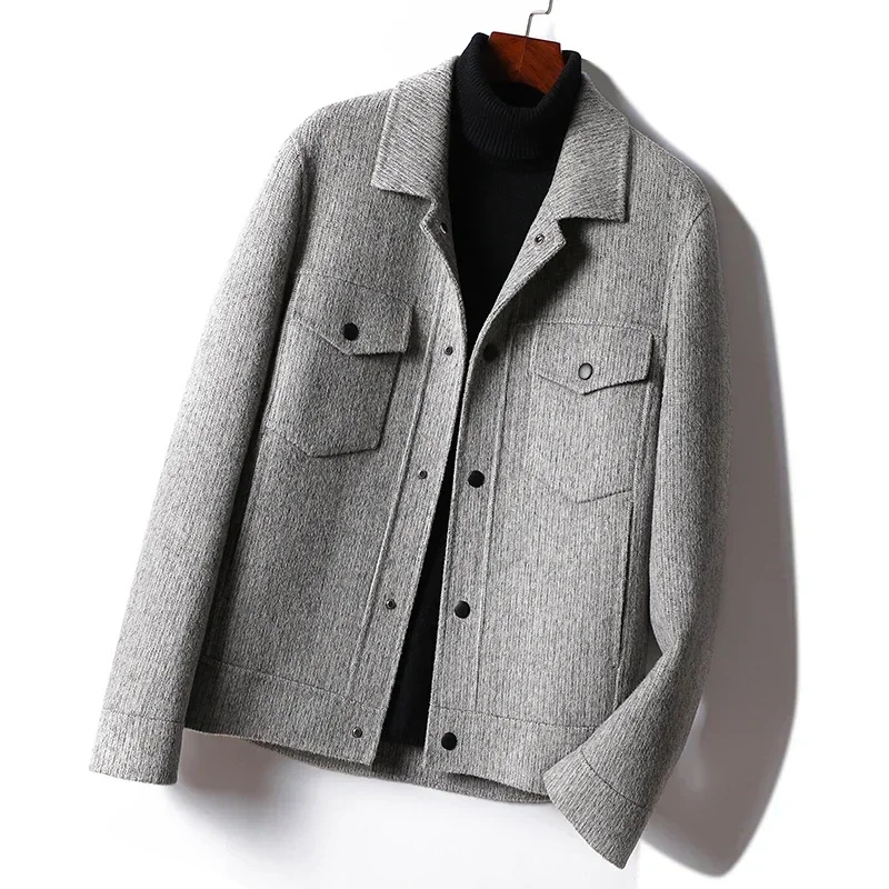 Double-sided wool coat men's short Korean style lapel autumn and winter wool handmade coat woolen men's jacket coat warm