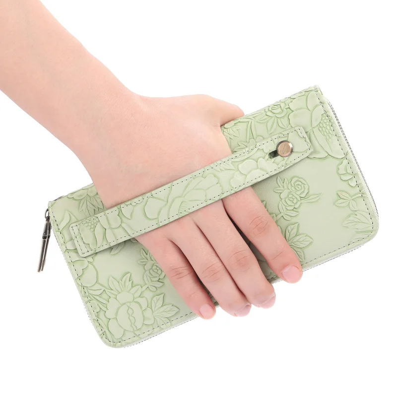 Western Long Double Zipper Flower Embossed PU Leather Women Wallet Large Capacity Print Purse for Laides