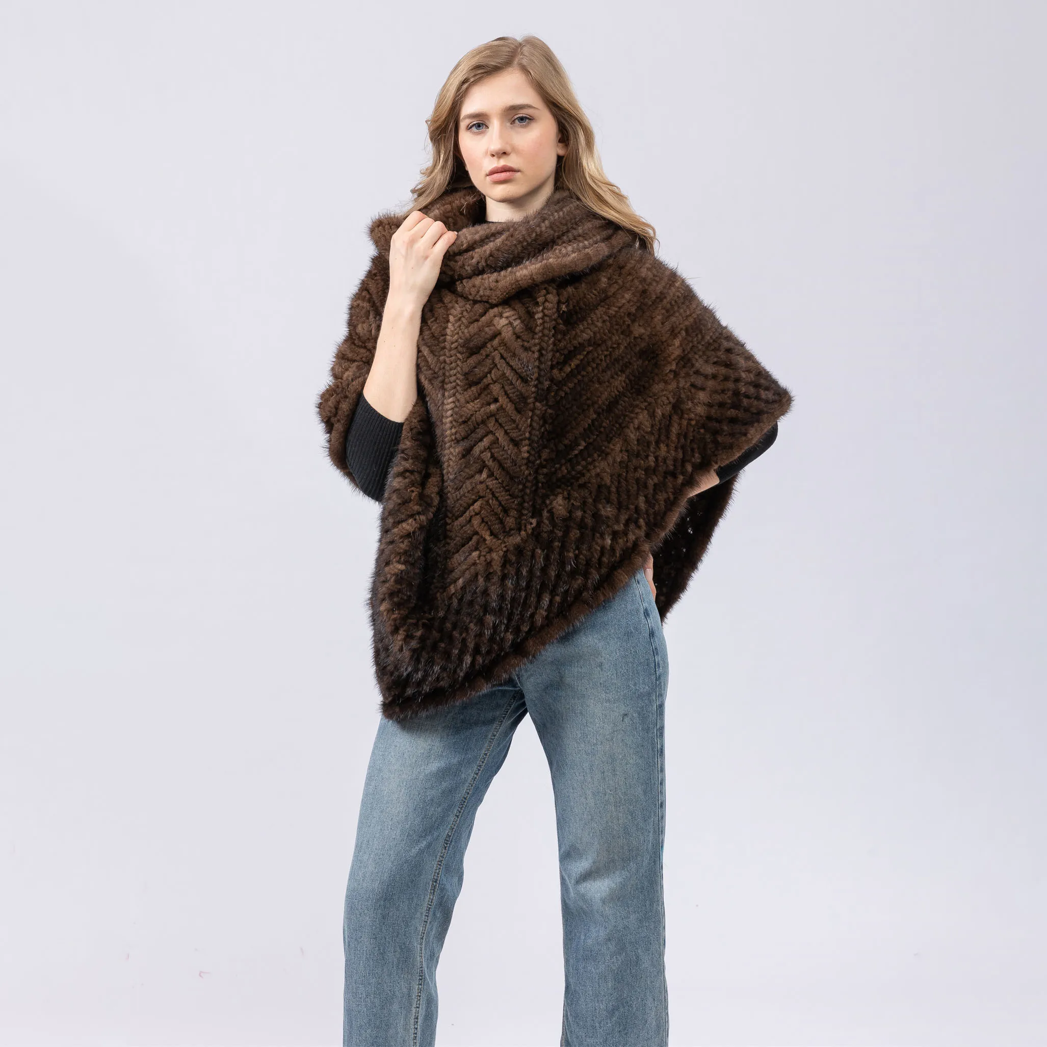 Real Natural Mink Fur Knitting Poncho With High Collar Pullover 2024 Luxurious Autumn Winter Sweater B230410