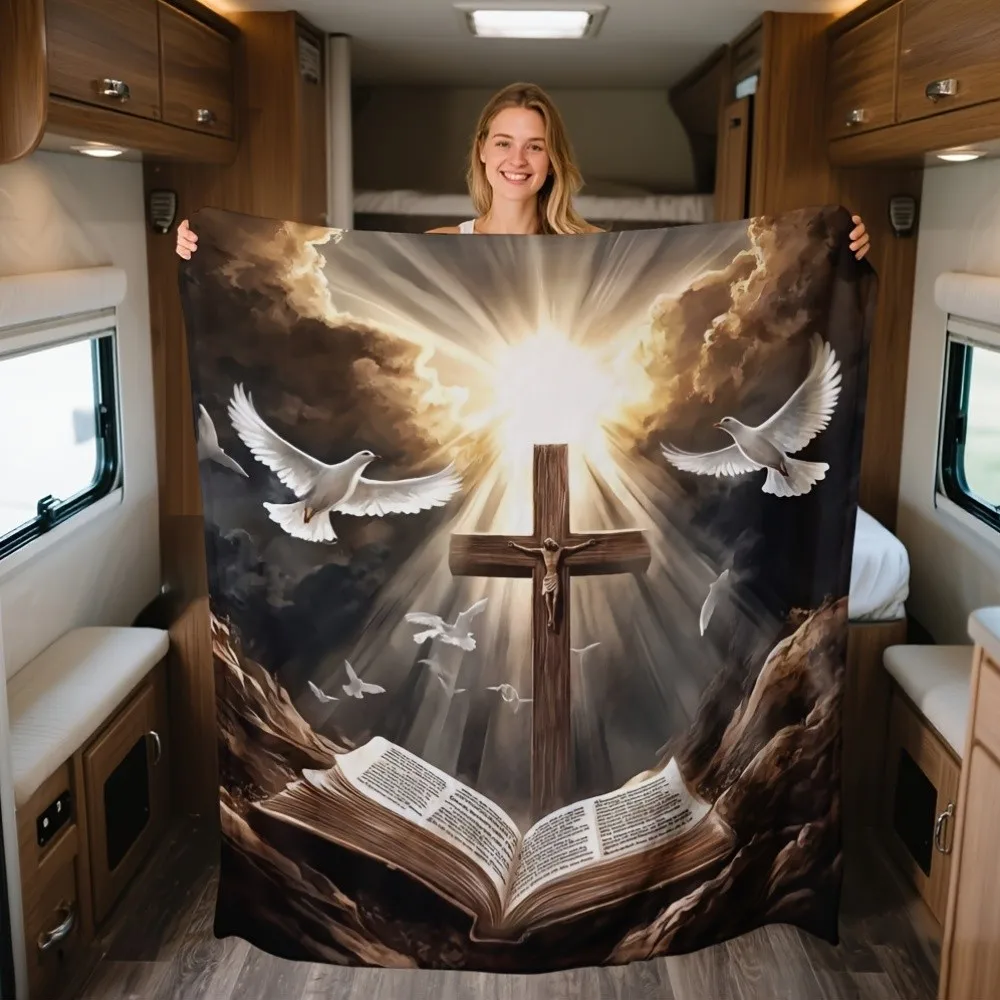 Heavenly Doves Cross Bible Flannel Throw Blanket Soft Plush Coral Fleece Warm Blanket