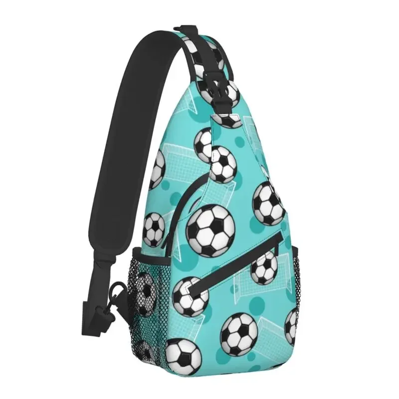 Soccer Ball And Goal Teal Pattern Crossbody Sling Backpack Men Custom Football Chest Shoulder Bag for Travel Hiking Daypack