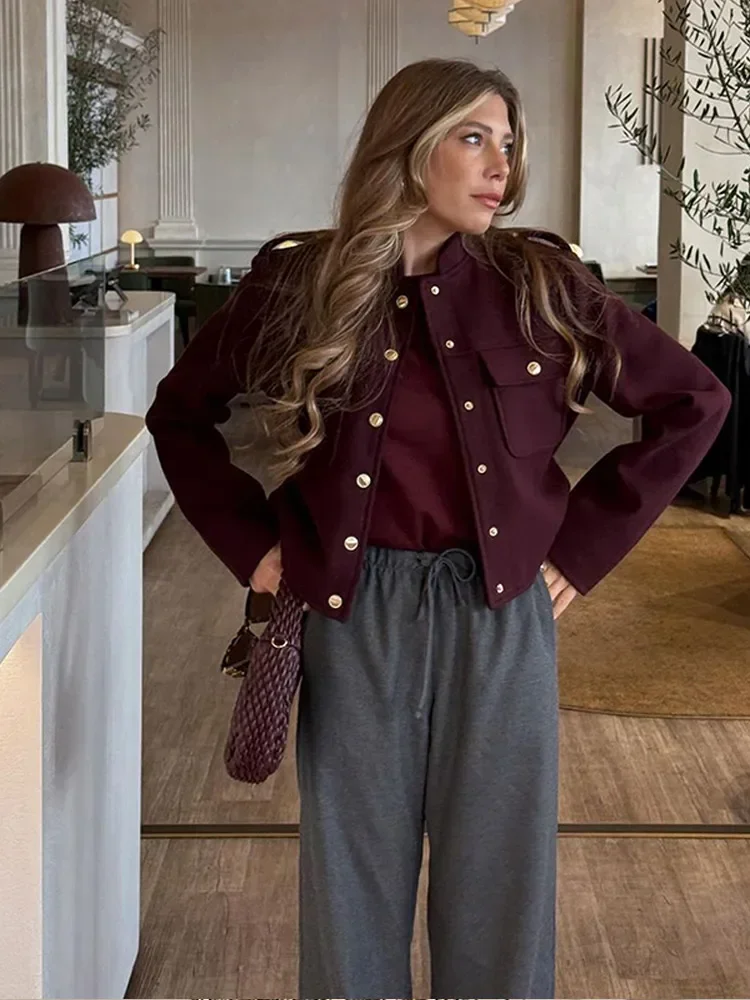 Burgundy Casual Multi Pockets Cropped Jacket Women Fashion Single Breasted Long Sleeve Short Coats 2024 New Lady Chic Outerwears