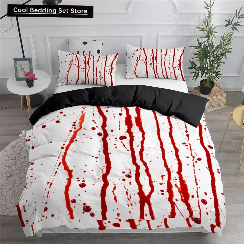 Halloween King Queen Duvet Cover Horror Blood Hand Bedding Set for Teens Scary Red Blood Stains Polyester Quilt Cover