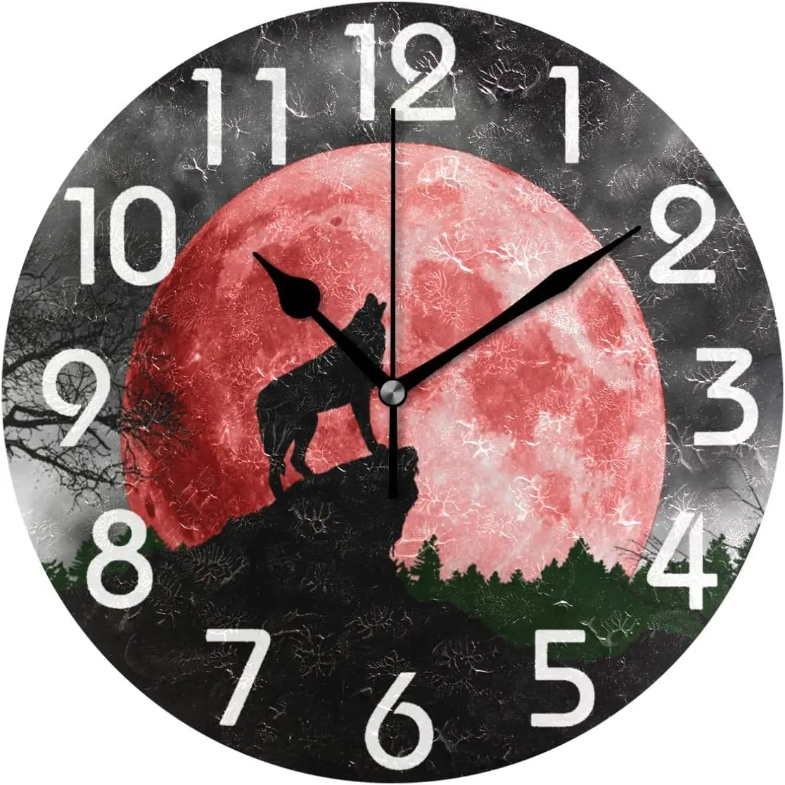 Magic Wolf Howling at Red Moon Print Round Wall Clock Decorative, 9.5 Inch Battery Operated Quartz Analog Quiet Desk Cloc