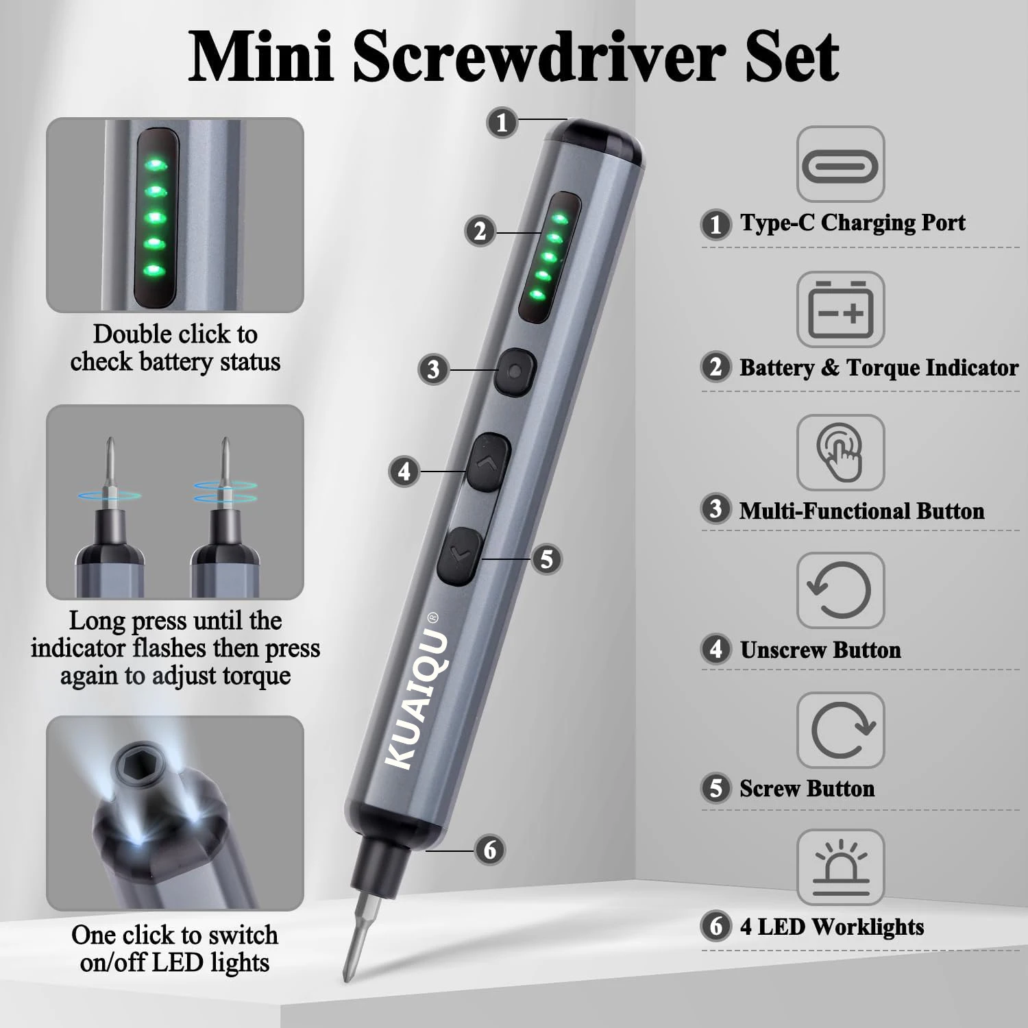 68 in 1 Precision Electric Screwdriver Set with 64 Magnetic Phillips Torx Bits 3 LED Lights Multifunctional Power Repair Tool