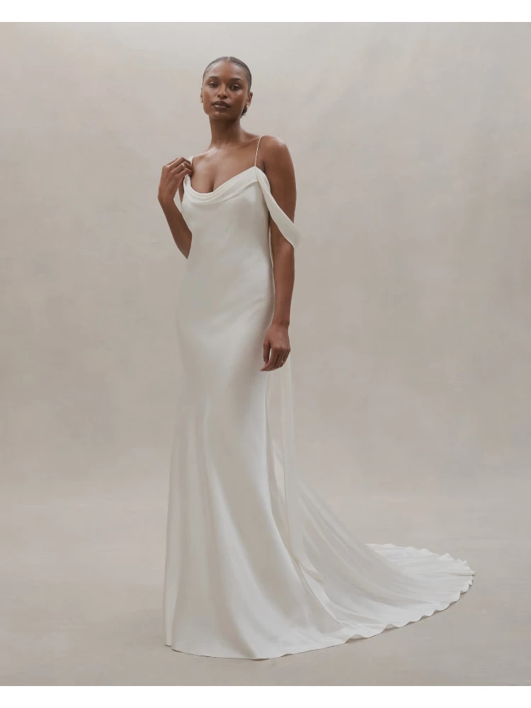 Customized Old Money Cowl Neck Thin Spaghetti Strap Satin Slip Wedding Dress Floating Shoulder Streamer Back Bridal Reception