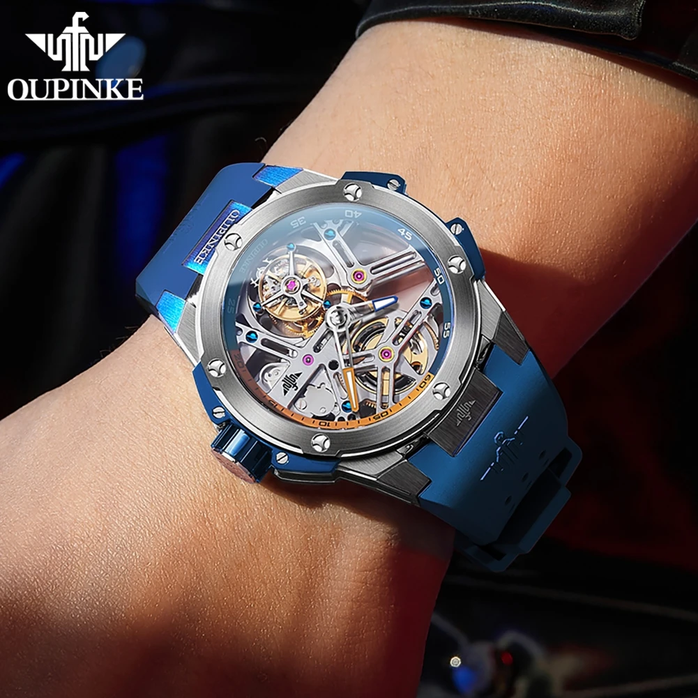 OUPINKE 8003 Tourbillon Men Watch Luxury Brand Hollow out Automatic Mechanical Watch Silicone Waterproof Sapphire Mirror Watch