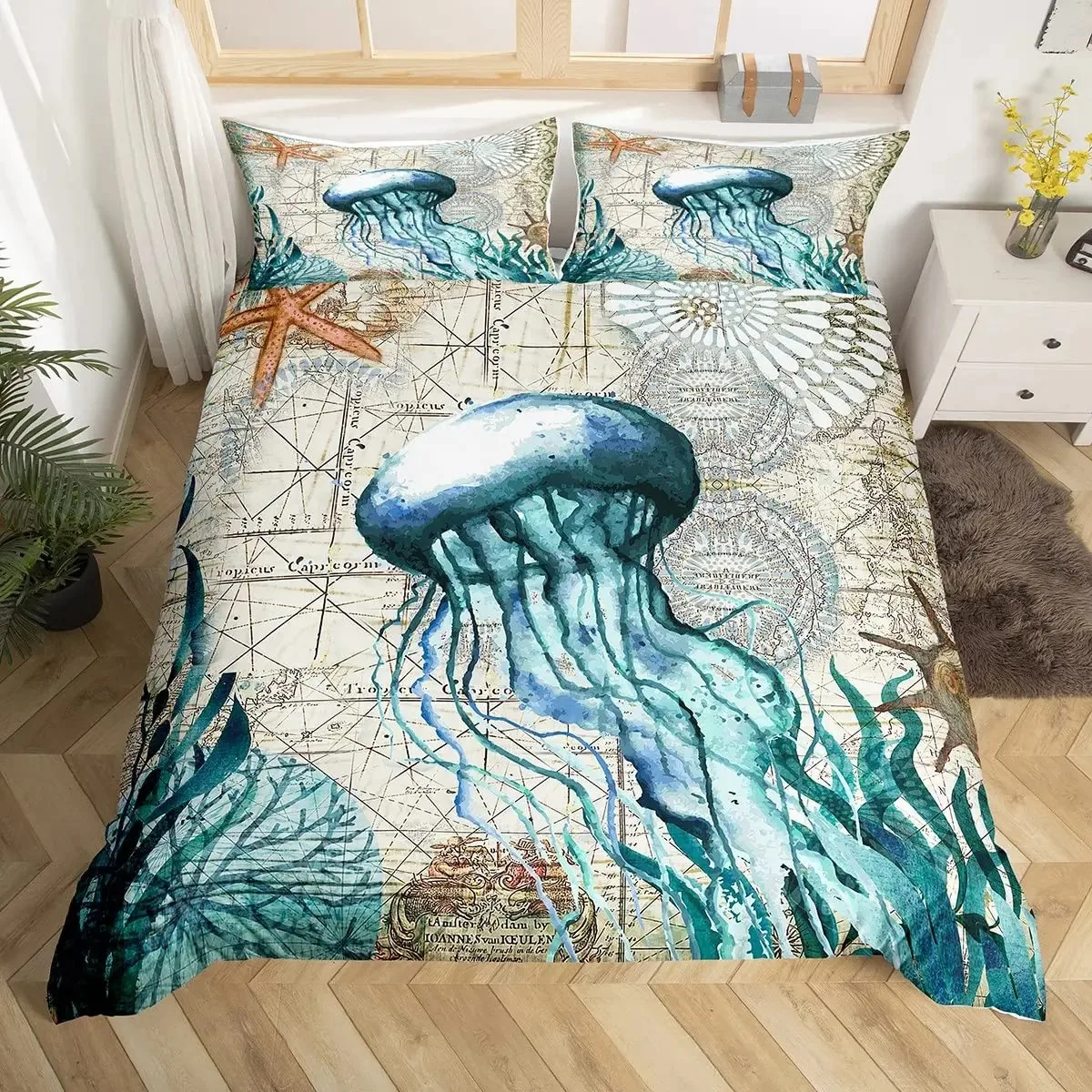 

Teal Comforter Cover Set King Size Ocean Decor,Jellyfish Duvet Cover Nautical Sea Bedding Set Marine Life Retro Sailboat Bed Set