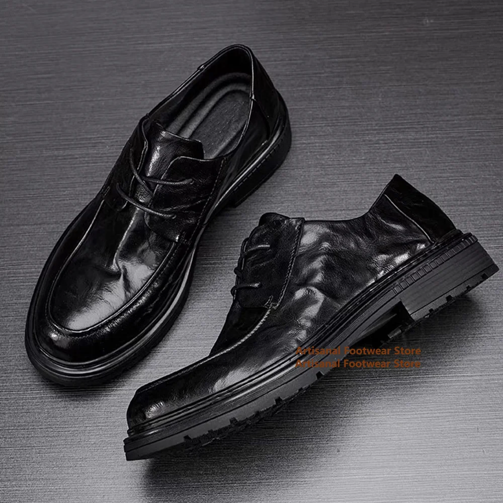Black Leather Thick-Soled Men's Shoes Round Toe Lace-Up Dress Shoes Durable Breathable Business Office Shoes Men's Shoes