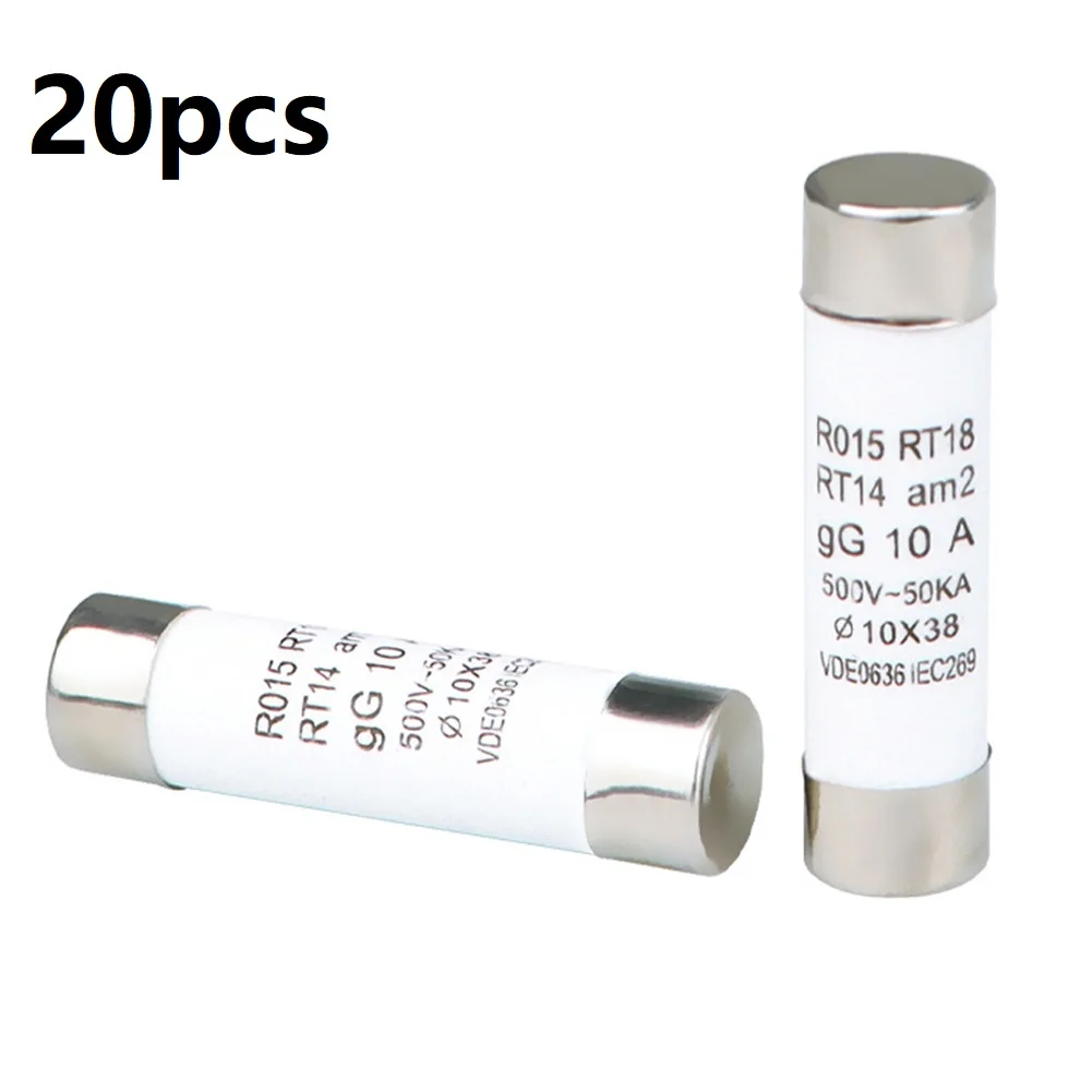 Perlindungan Sekering Keramik Baru Laris 10*38MM 20 Buah/Pak 500V ~ 50KA Aksesori Suku Cadang Paduan Logam DC RO15 RT18