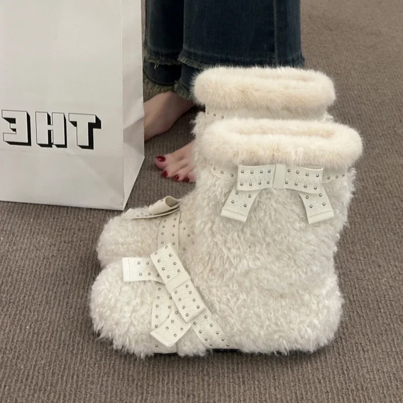 الفراء الشقق المرأة حذاء من الجلد الدافئة قصيرة أفخم الثلوج الأحذية موضة أحذية الشتاء 2025 أحذية قطنية الراحة غير رسمية Mujer De Botas #5