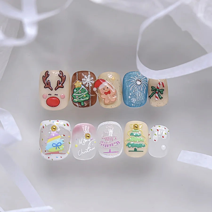 5D 겨울 눈사람 네일 스티커, 크리스마스 트리, 산타 클로스 디자인, 크리스탈 공, 하얀 눈덩이, 활 눈송이 집