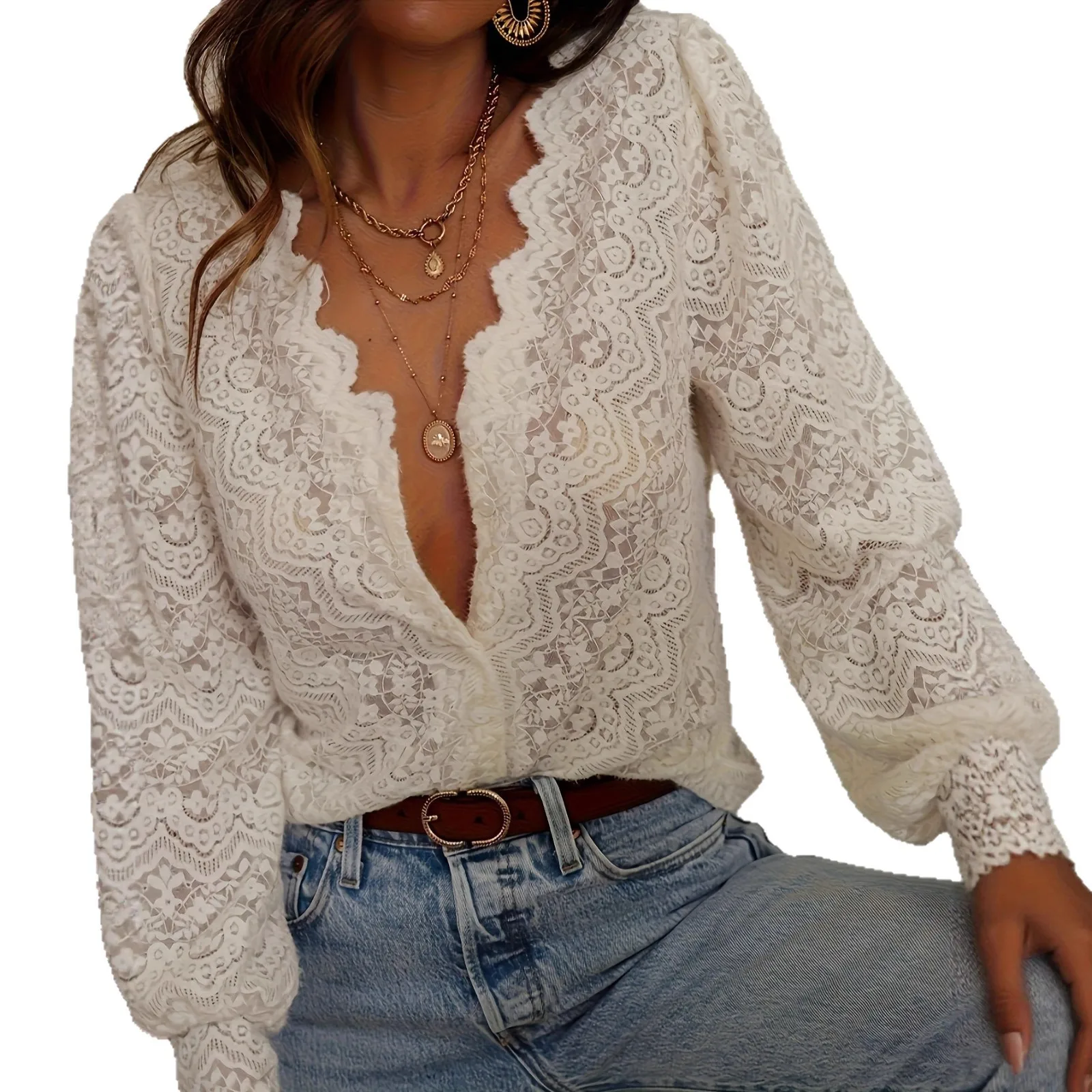 

2026 Women's Shirt Elegant V-neck White Black Lace Blouse Casual Long Sleeve Fashion Hollow Crochet Tops Office Lady Clothing