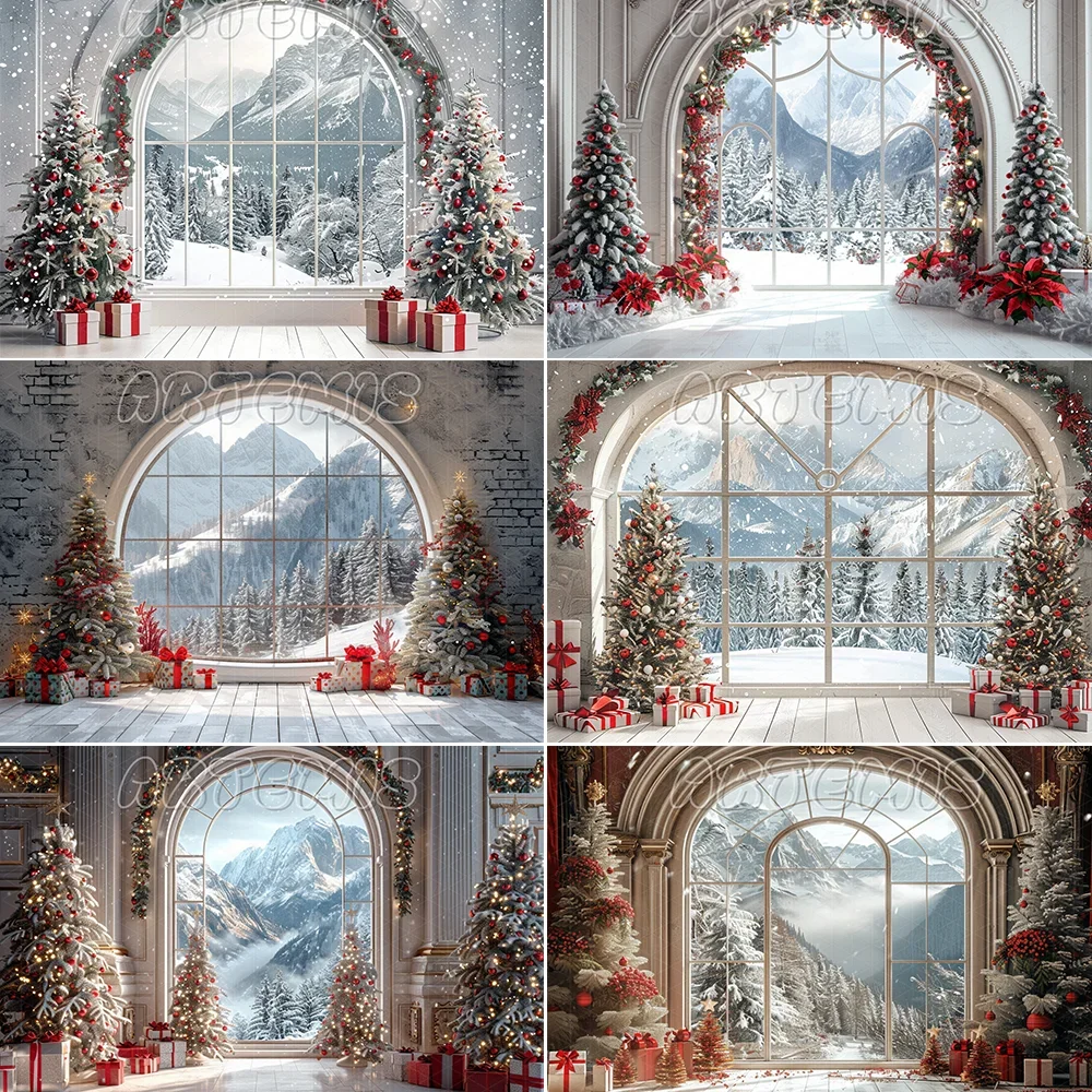 Christmas Backdrop Christmas Tree Garlands Gift White Arched Window Snow-covered Mountain View Background Photo Studio Photocall