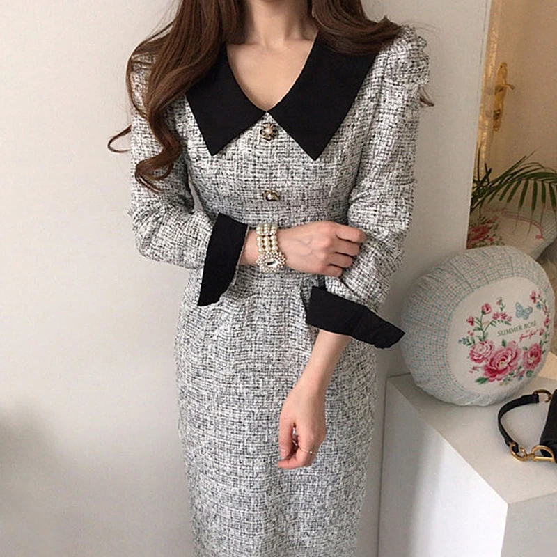 Vintage Temperament Contrast Color Women Vestidos Lapel Pleated Lace Robe 2024 Autumn Waist Slim Thick Long Tweed Dress Female