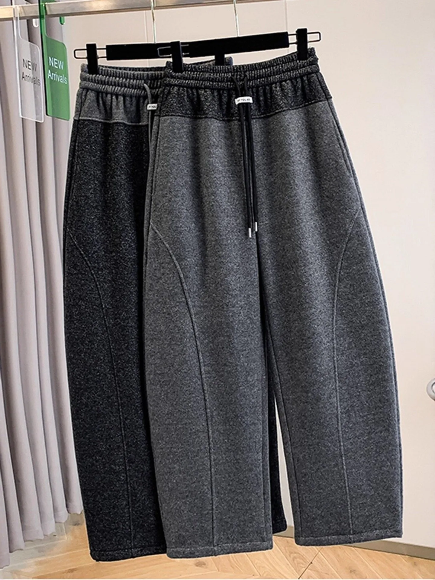 بنطلون نسائي واسع الساق بخصر مرتفع مبطن، سروال رياضي فضفاض غير رسمي للربيع والخريف والشتاء بتصميم مستقيم