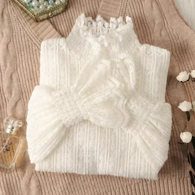 الدانتيل نصف الياقة المدورة محبوك سترة المرأة خريف شتاء سميكة الدافئة طويلة الأكمام البلوز الكورية شيك سليم الجوف خارج البلوز جديد #5