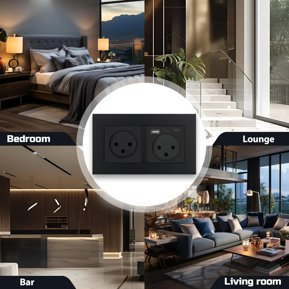 EIOMR Israel Standard USB-A Type-C Wall Socket Light Switch, Black Flame Retardant PC Panel, CAT6 TV Tel HDMI 16A Israel Socket