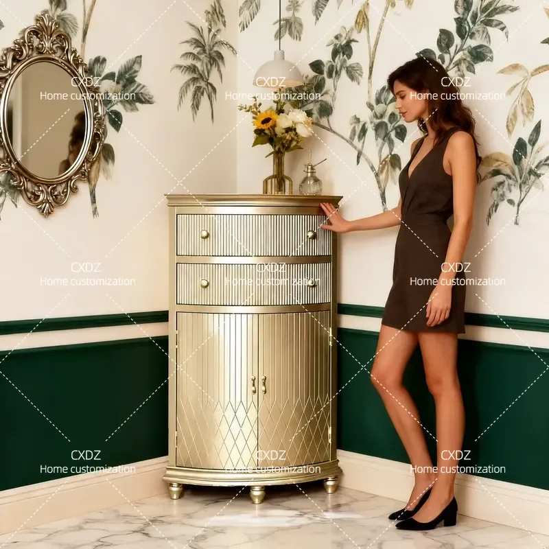 Minimalist Entryway Cabinet with Drawers Golden Light Luxury Narrow Storage Decorative Console for Hallway Corner