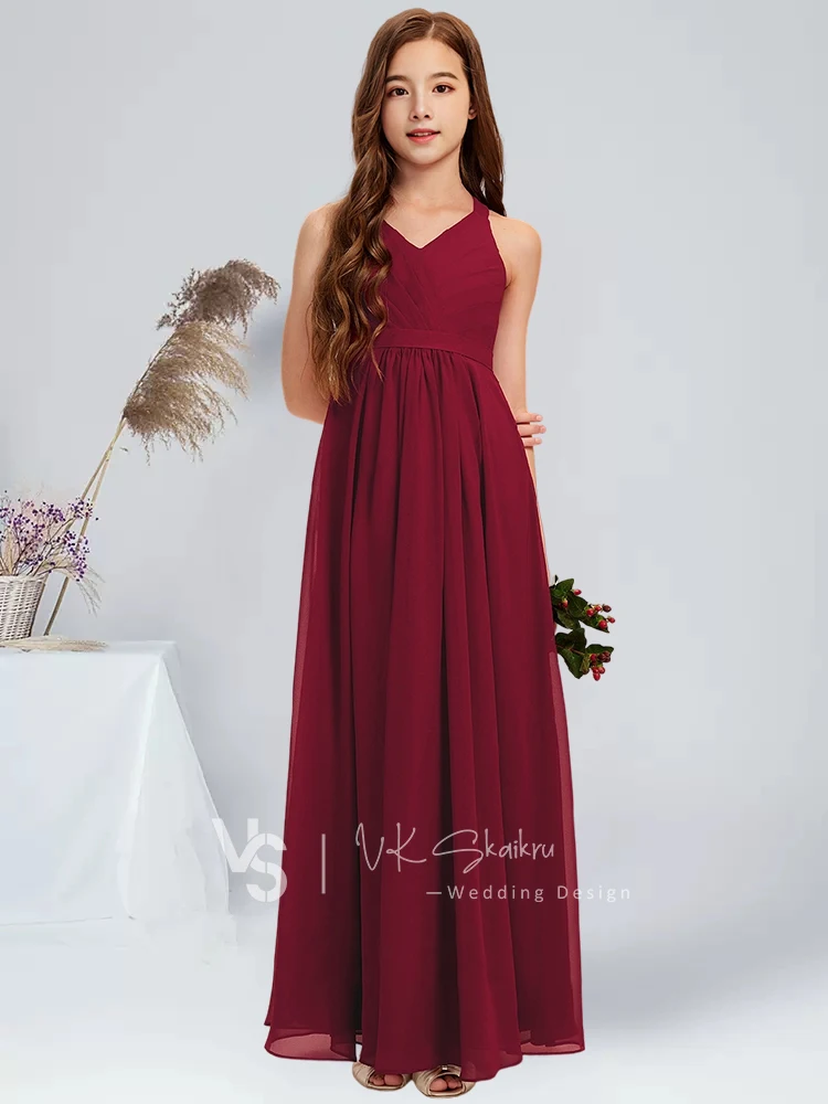 A linha com decote em v até o chão chiffon júnior vestido de dama de honra borgonha vestido de festa de formatura para convidados vestido de menina de flor casamento