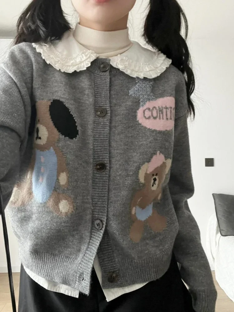 cute star american cartoon puppy Jacquard sweater cardigan sweet women lovely short jacket college preppy style winter clothes