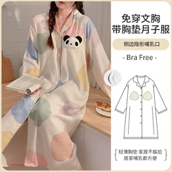 Plus Size Pregnant Pajamas with Chest Pad Women Cartoon Spring Long Sleeve Home CLothes Maternal Postpartum Breastfeeding Dress