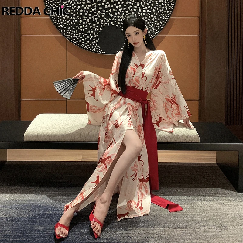 

ReddaChic Floral Geisha Yukata Women Bathrobe Printing Red Belted Draped Long Japanese Kimono Traditional Anime Cosplay Costume