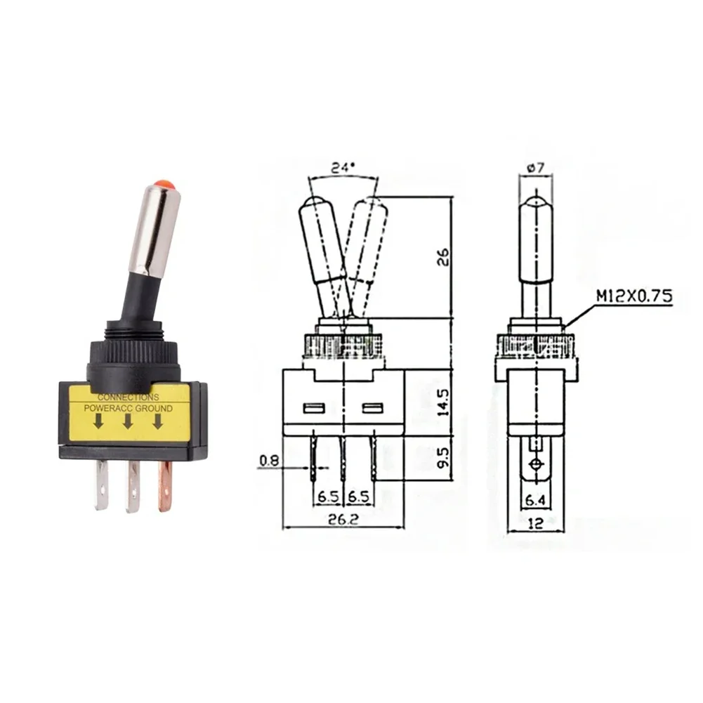 12mm Automotive Toggle Switch LED ASW-15D SPST 2 Position 3 Pin ON OFF 12/24V DC ON OFF Self-locking LED Switch image 4