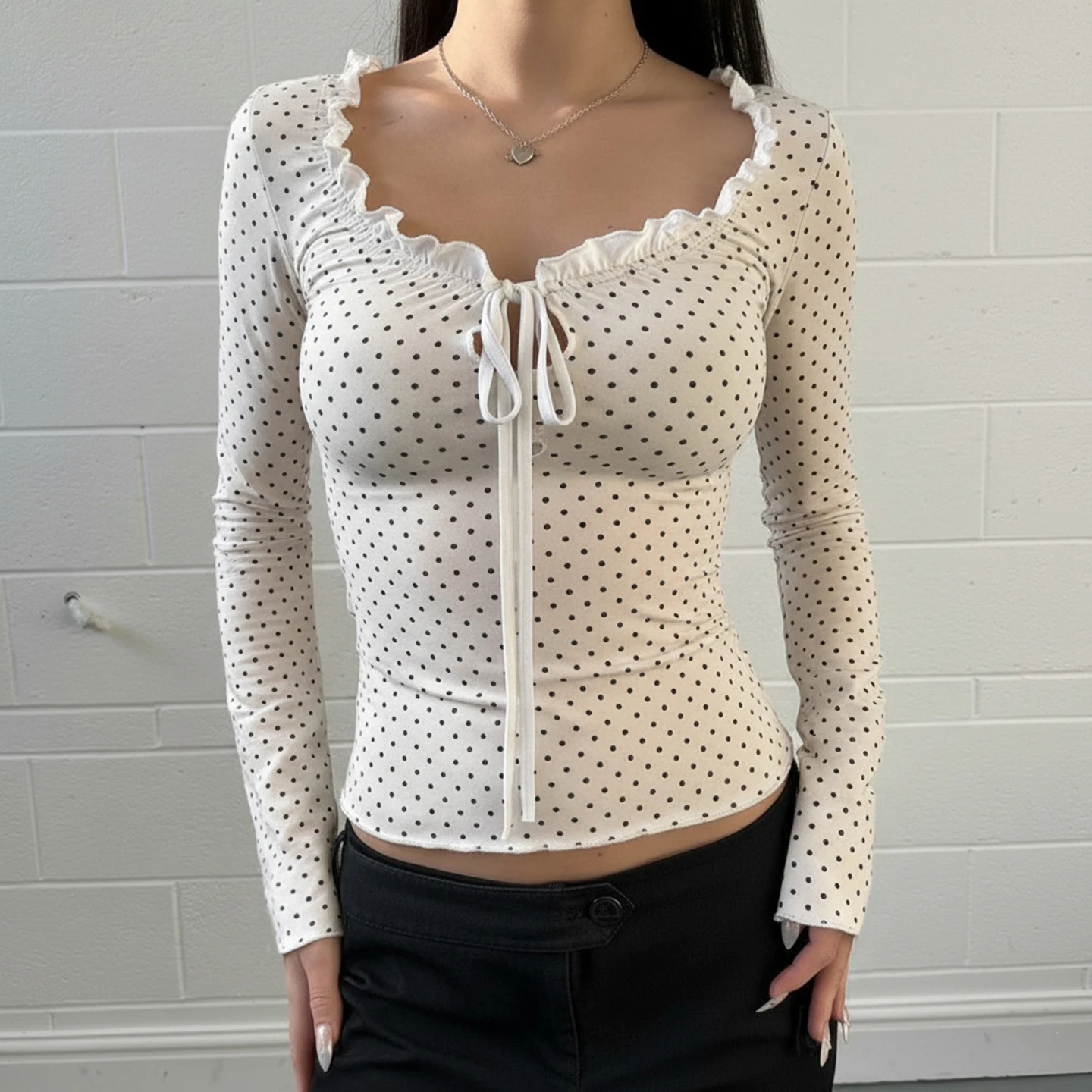 

Sweet Dot Printed T Shirt Slim Ruffles Bandage Square Collar Long Sleeve Tees Women 2025 Autumn Spring Fashion Streetwear Lady