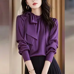 PURPLE Satin Top Tee Spring Autumn New Temperament Bow Solid Color Long Sleeve Blouse Women Clothes Simplicity Elegant Shirts