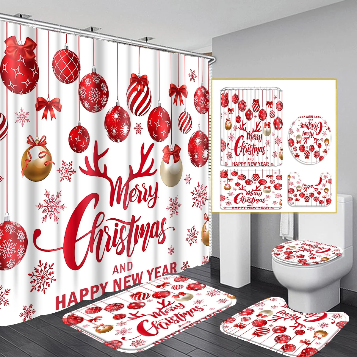 

Рождественская безделушка с оленями, набор занавесок для душа с нескользящими ковриками и чехлом для унитаза, влажный и сухой функциональный декор для ванной комнаты для дома
