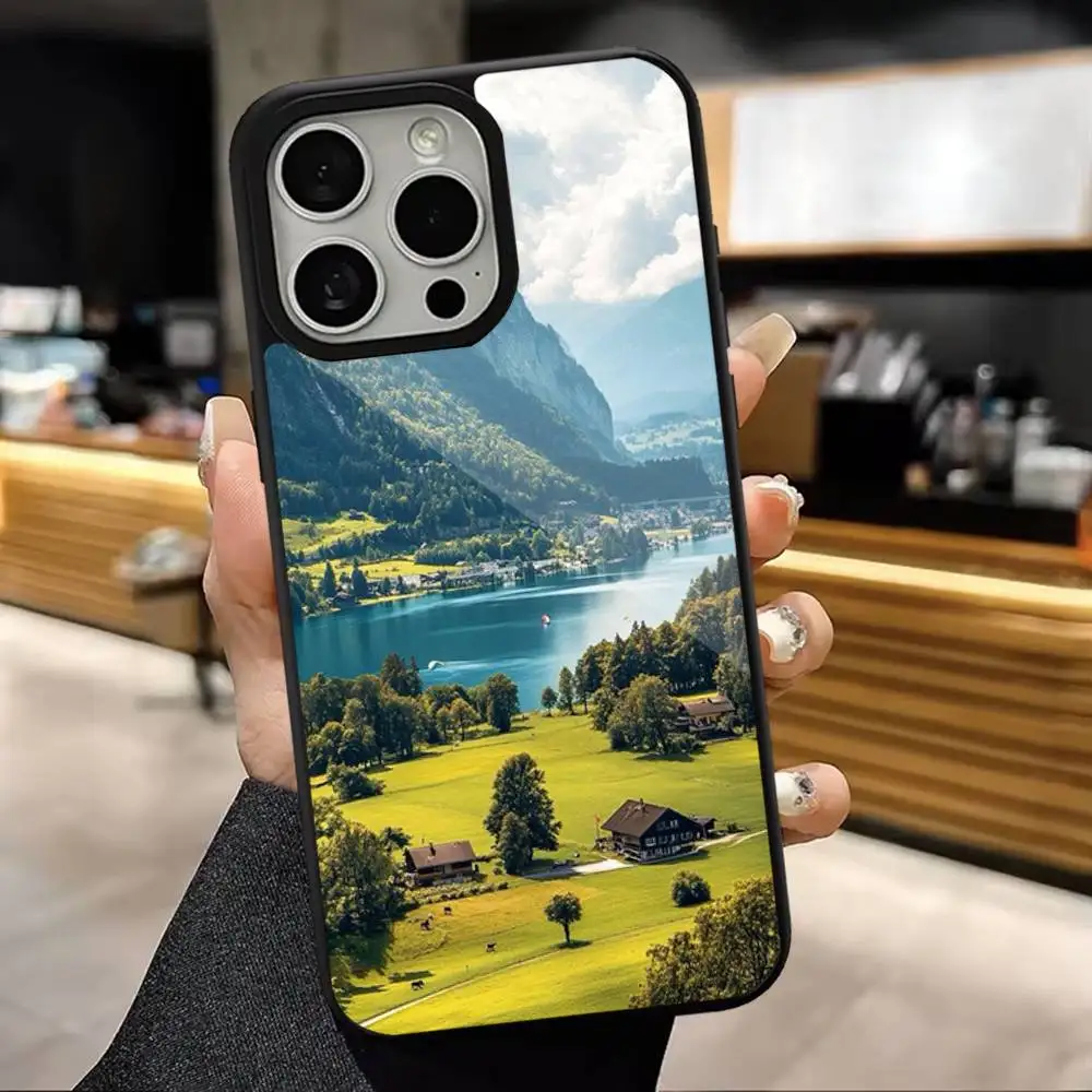 حافظة هاتف للسفر بمناظر طبيعية جبال لهواتف iPhone 16,15,14,13,12,11,Pro,Max,Plus,Mini,Magsafe,حافظة شحن لاسلكية مغناطيسية