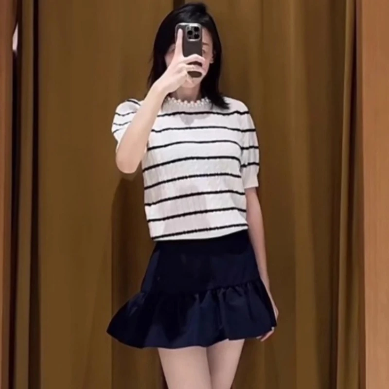 

Women's round neck striped knitted sweater short sleeve ladies casual top
