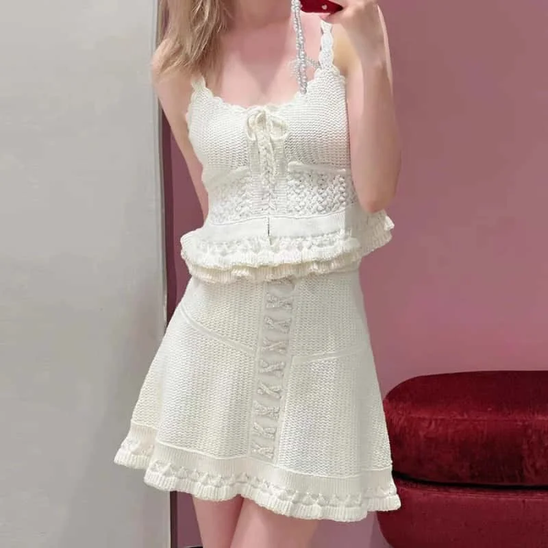 고품질 패션 여름 신상 니트 투피스 세트 여성 민소매 크로셰 크롭 베스트 탑 또는 하이웨이스트 스커트 여성 정장