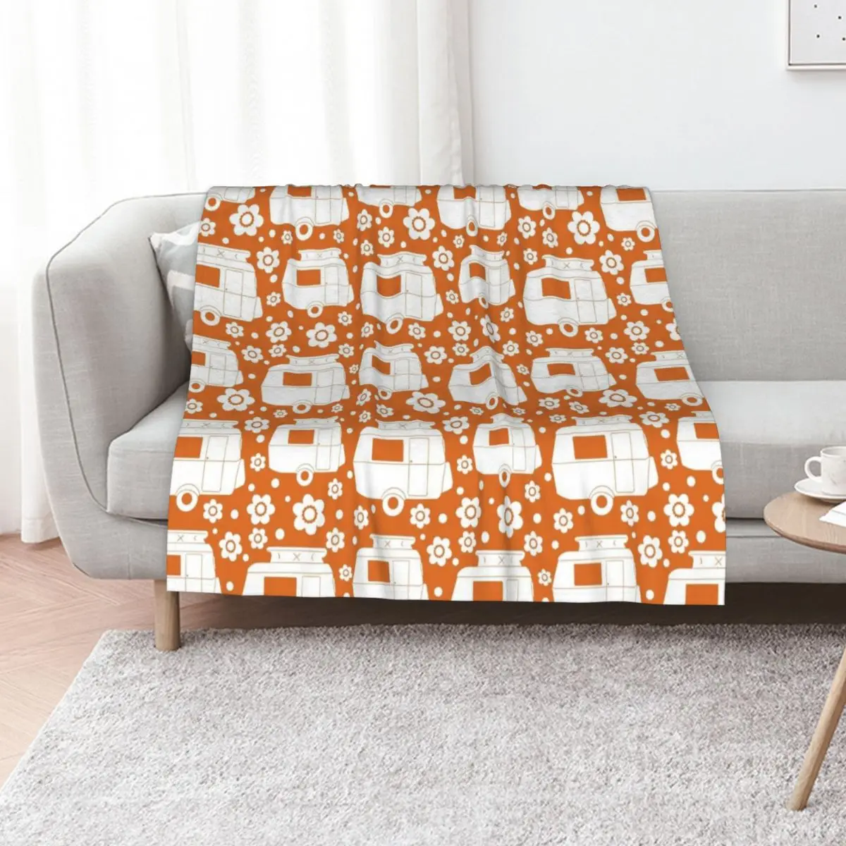 

Daisy Polka Dot Vintage Caravan Pattern in Orange and White Throw Blanket Personalized Gift Hair Travel Large Blankets