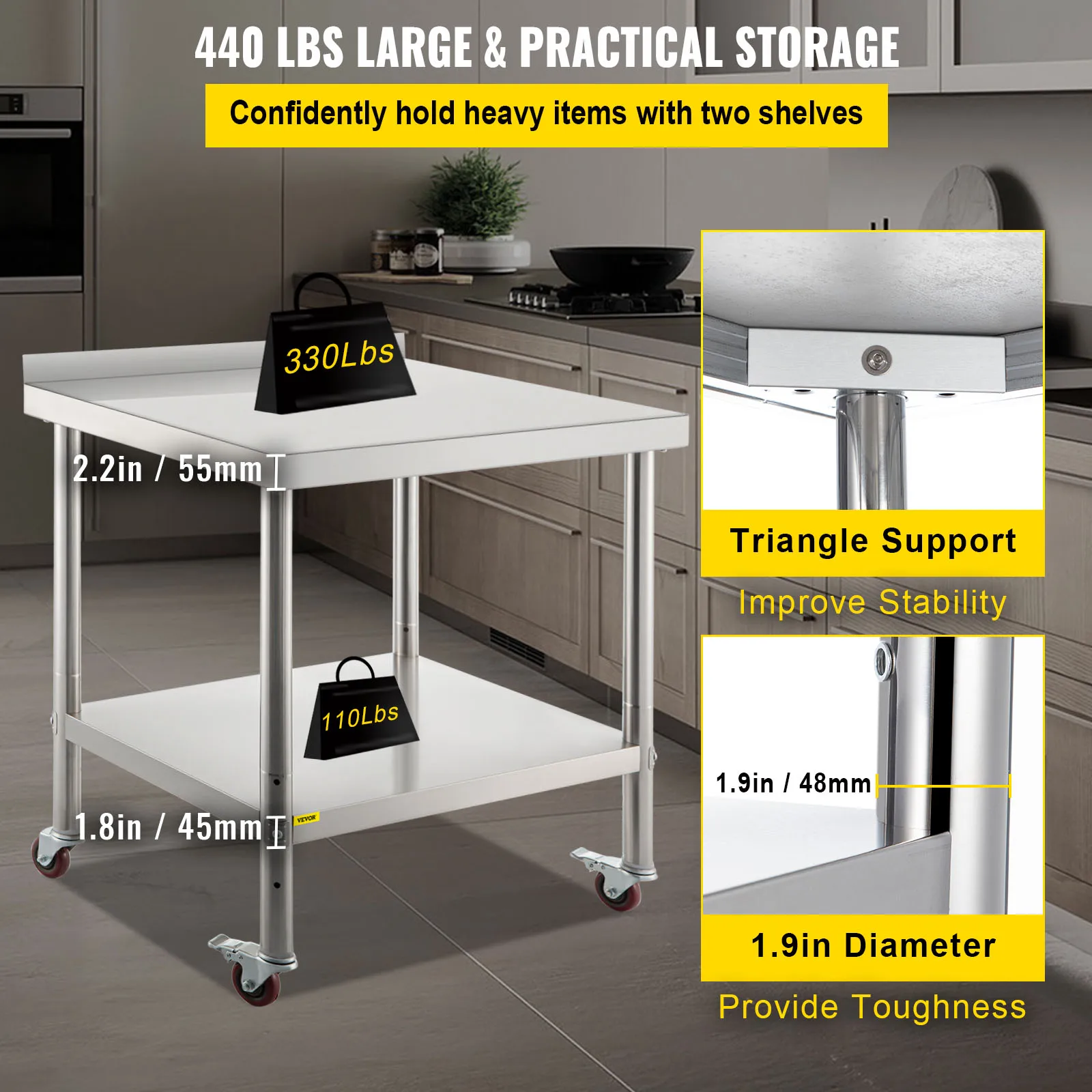 VEVOR Carro de Trabajo 91,4 x 61 x 89 cm Mesa de Trabajo de Acero Inoxidable, Capacidad de Carga de 440 libras Mesa de Preparación de Acero Inoxidable, Estante Ajustable de 3 Niveles con 4 Ruedas