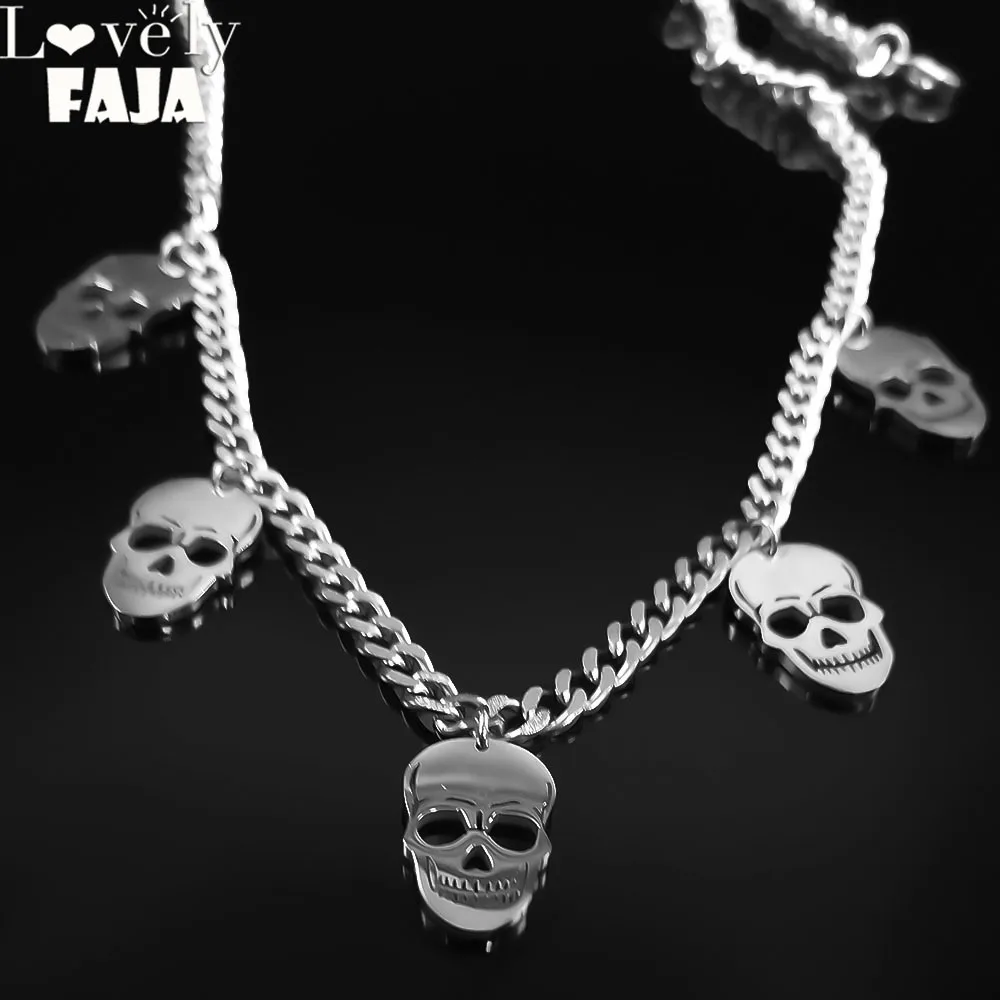 Skeleton Skull Tassel Hip Hop Pendant Necklaces Stainless Steel Exaggerated Ghoul Clavicle Chain Necklace Halloween Jewelry Gift