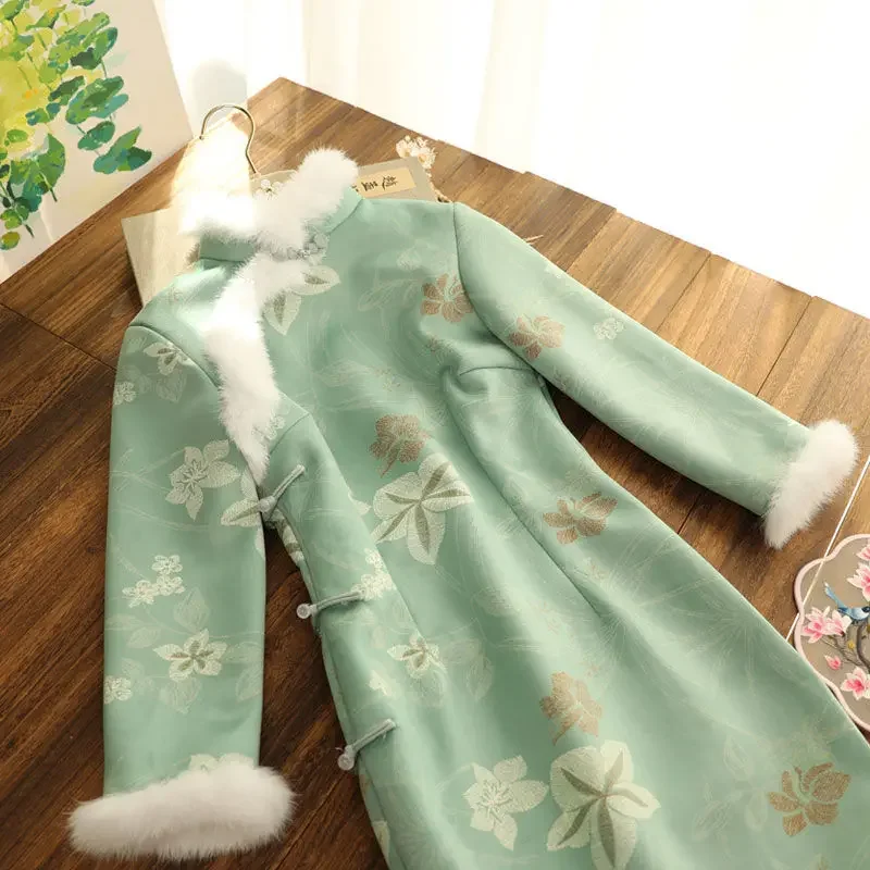 Autumn and Winter Improved Cheongsam Skirt Young 2024 Girls\' High-end Temperament Rabbit Hair Dress  Qipao Dress Modern