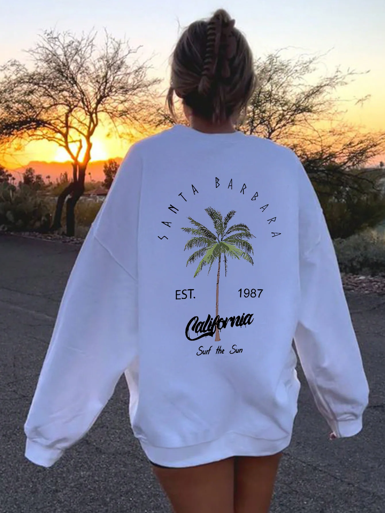 Santa Barbara California Palm Tree Est 1987 Print Sweatshirt Women o-nECK Streetwear Casual Loose Pullover Autumn Fleece Clothes
