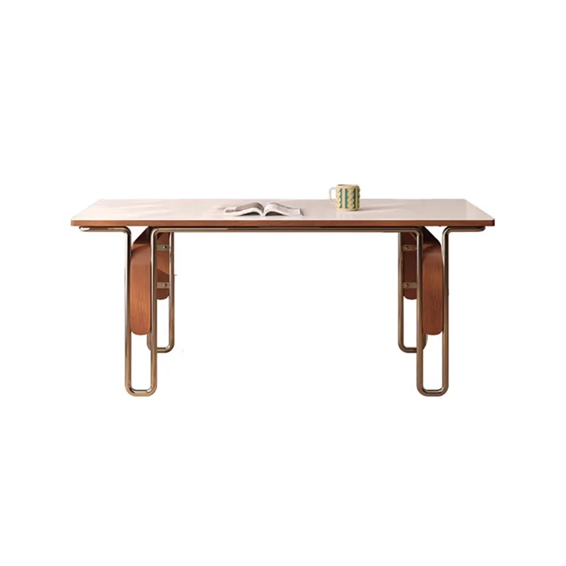 

Medieval style solid wood rock slab dining table Modern simple wabi style home black retro stainless steel dining table