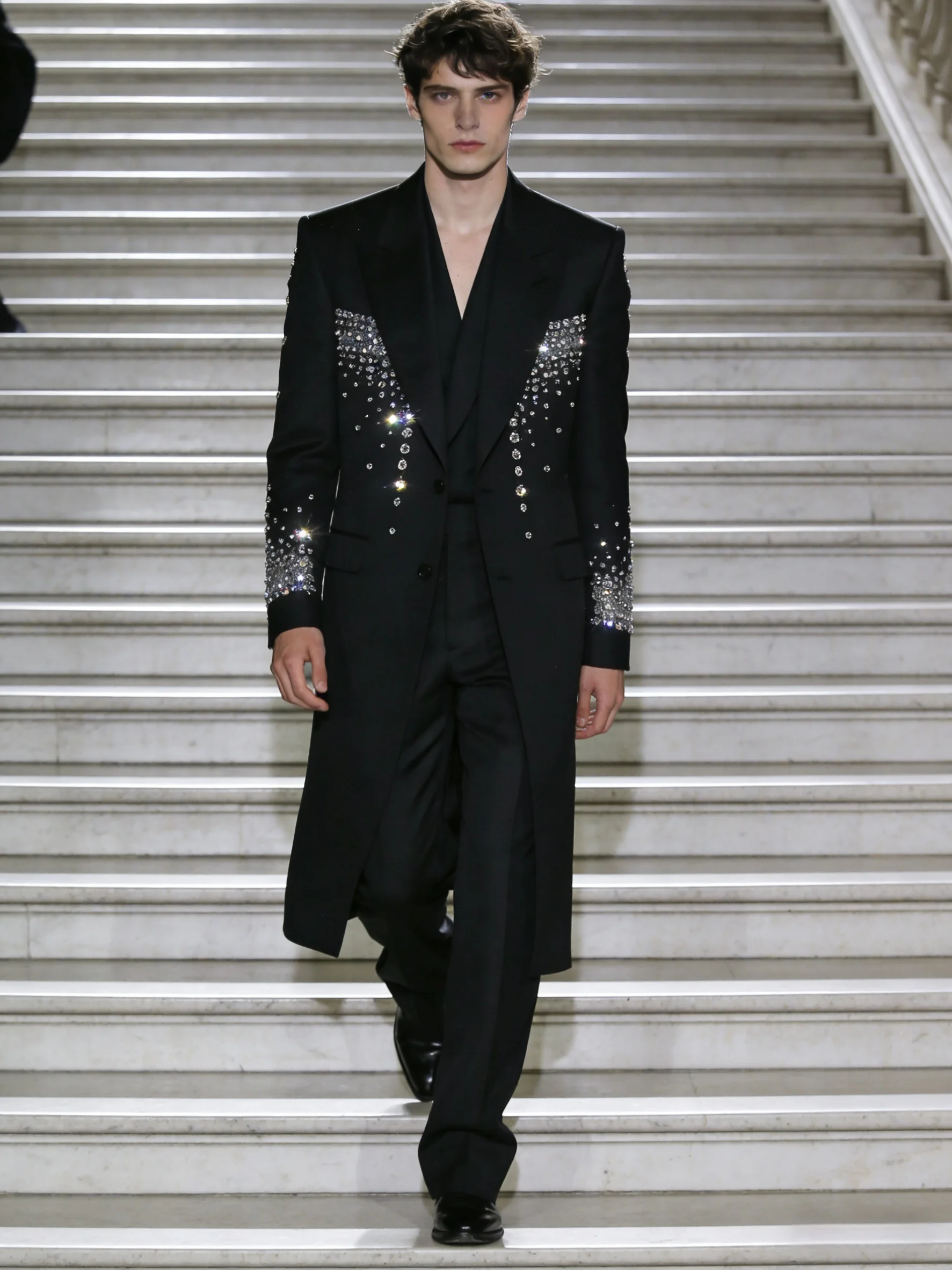 Luxury Black Crystals Men Suit Set 2 Pcs Long Blazer+Pants Trousers Customized Formal Office Jacket Wedding Tuxedos Prom Coat