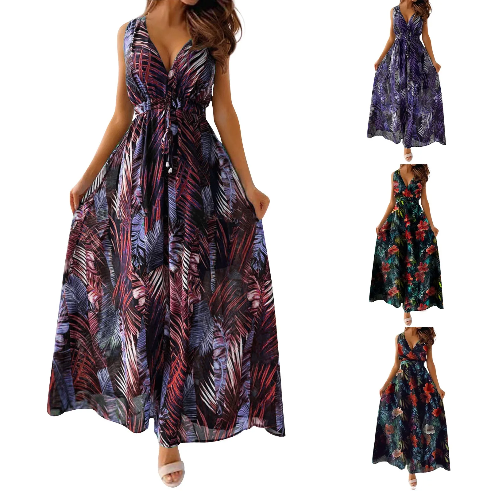 Zomer V-Hals Lange Jurk Vrouwen Casual Bloemenprint Zoom Maxi Jurk Mouwloze Rug Veter Up Boho Strandjurk Vakantie Vestidos