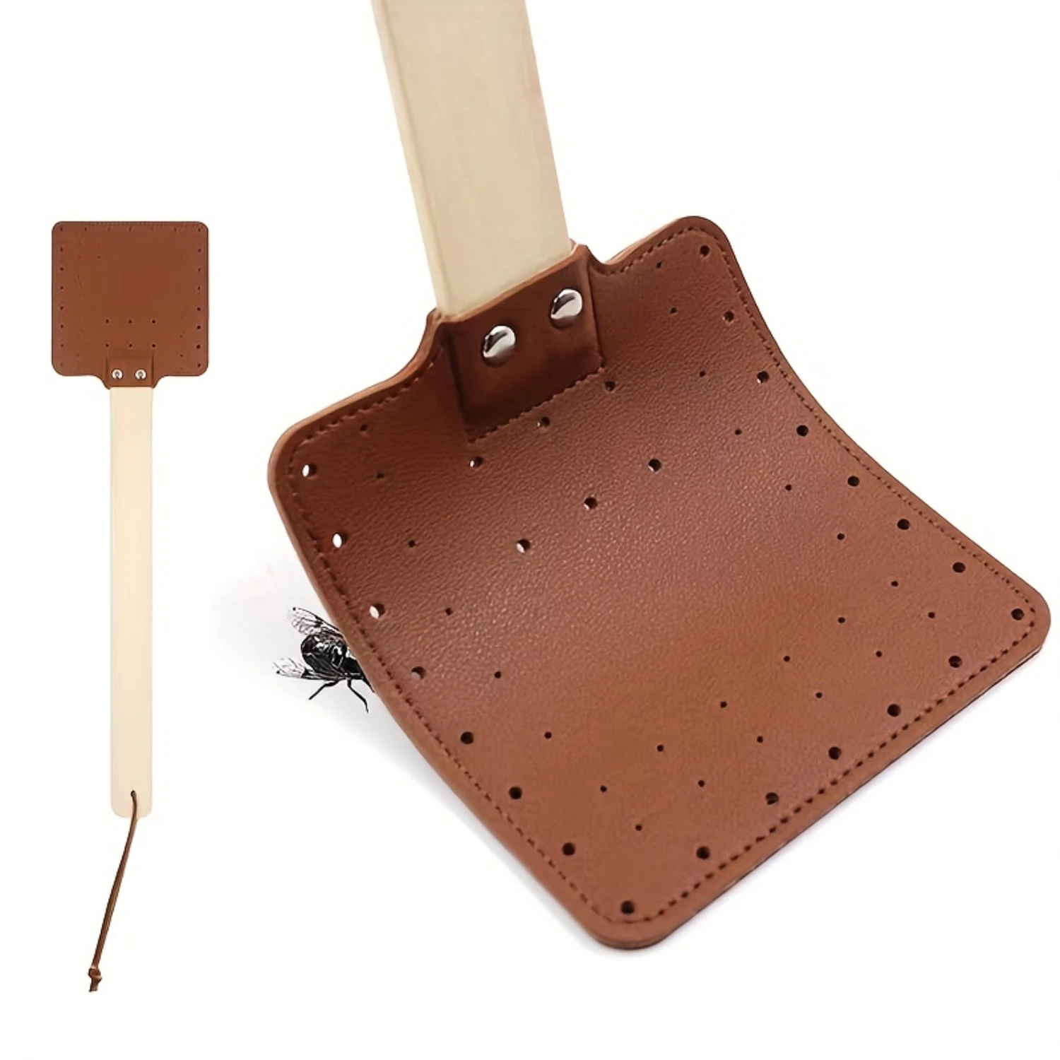 1pc Durable Leather Fly Swatter - Heavy Duty Mosquito & Wasp Pest Control - Handcrafted Rustic Design with Long Wooden Handle fo