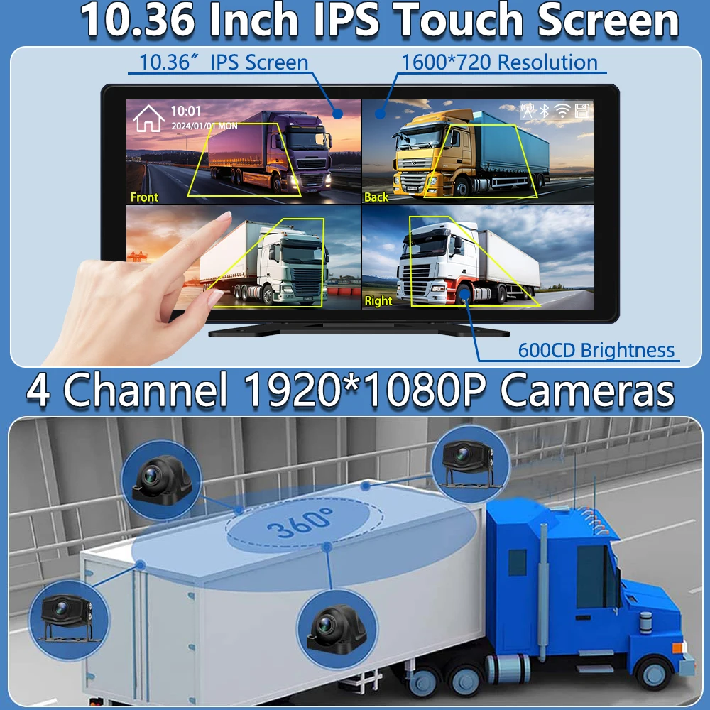 10.36 Inch Bus Truck DVR With CarPlay/ Android Auto, 4-Channel 1080P AHD Camera Recorder BSD Alarm WiFi APP 24H Parking Monitor