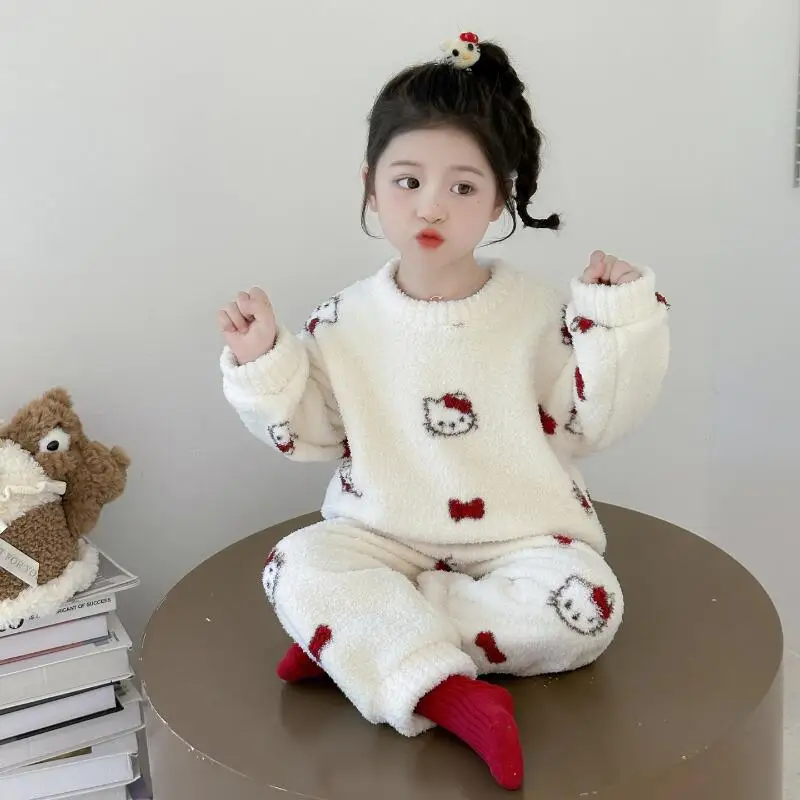 

Hot Sanrio Girl Pajama Set Hello Kitty Kawaii Anime Autumn and Winter Student Thicken Tops Pants Children's Clothing 2-Piece Set